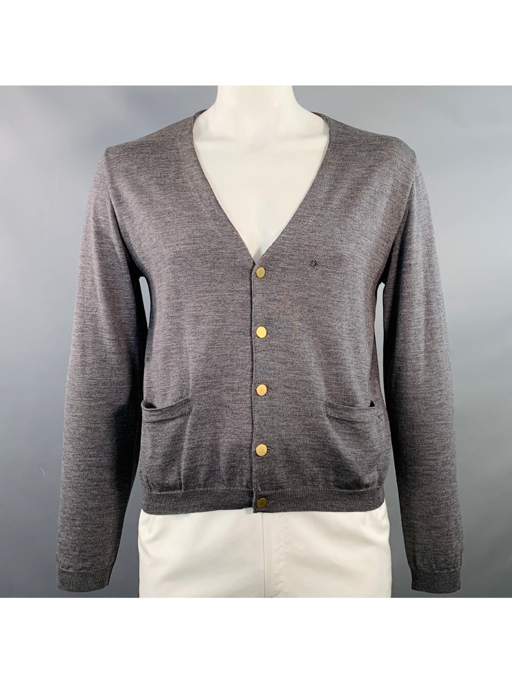 MIU MIU Size L Grey Wool Two Pockets Button Down Cardigan